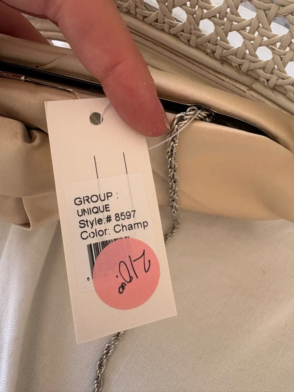 Satin Rose Accent Clutch in Beige with Chain Strap